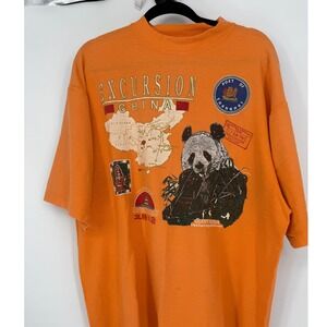Vintage‎ 90s Excursion China Shanghai Panda Graphic T Shirt Large Orange Tourist